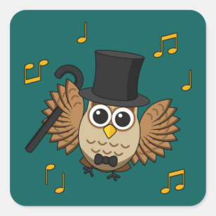 Cute Dancing Owl with Music Notes Cartoon Square Sticker