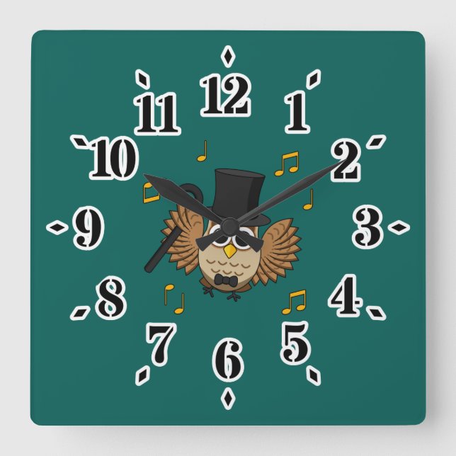 Cute Dancing Owl with Music Notes Cartoon Square Wall Clock (Front)