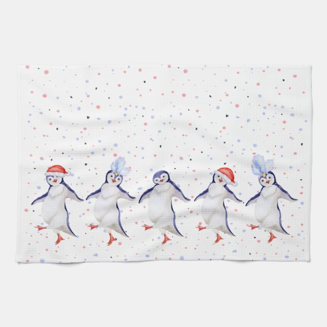 Cute Dancing Penguins Christmas Tea Towel (Horizontal)
