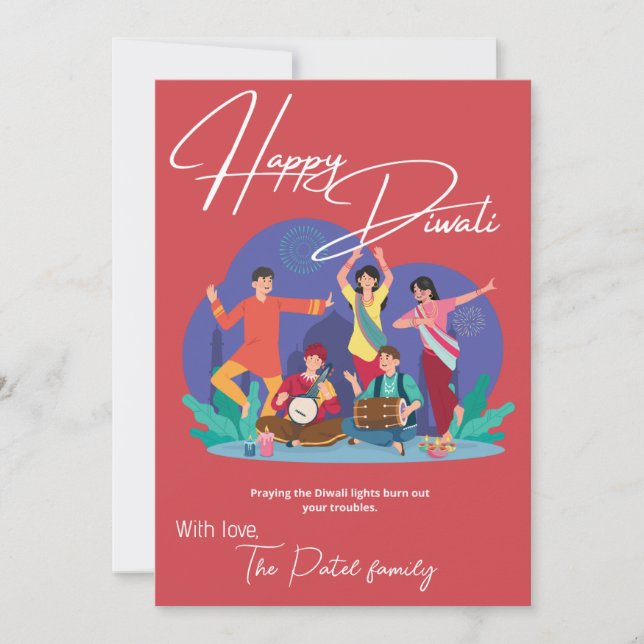 Cute dancing people Happy Diwali Flat Holiday Card (Front)