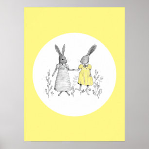 Cute Dancing Rabbits Nursery Ryhme Illustration  Poster
