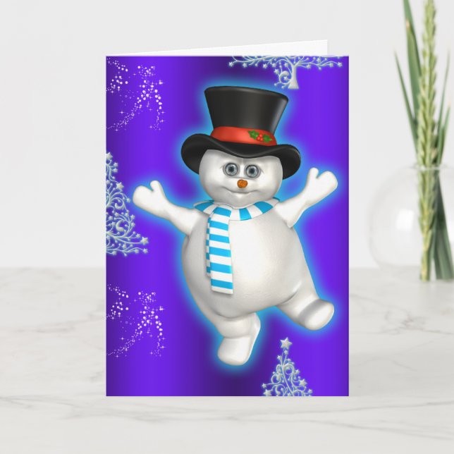 Cute Dancing Snowman Blue Christmas Card (Front)