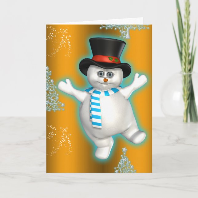 Cute Dancing Snowman Gold Christmas Card (Front)