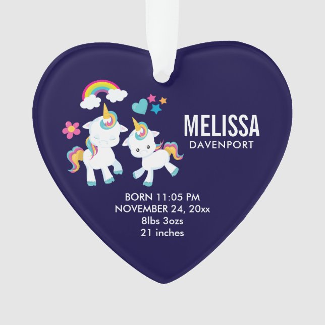 Cute Dancing Unicorns Magical Rainbow Baby Birth Ornament (Front)