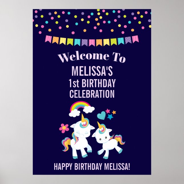 Cute Dancing Unicorns Magical Rainbow Birthday Poster (Front)