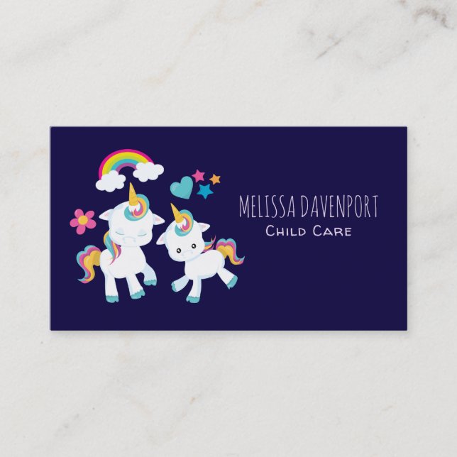 Cute Dancing Unicorns Magical Rainbow & Stars Business Card (Front)