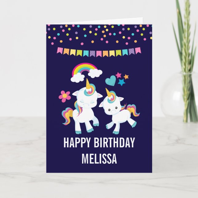 Cute Dancing Unicorns Magical Rainbow & Stars Card (Front)