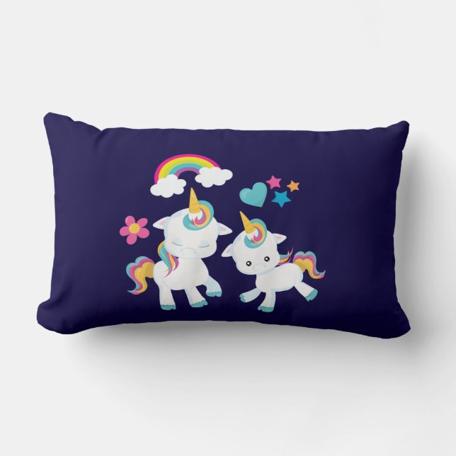 Cute Dancing Unicorns Magical Rainbow & Stars Lumbar Cushion (Front)