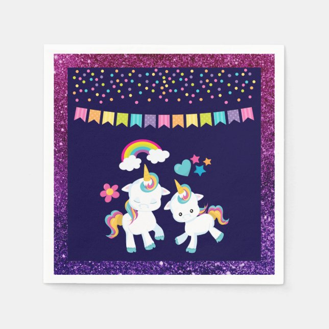 Cute Dancing Unicorns Magical Rainbow & Stars Napkin (Front)