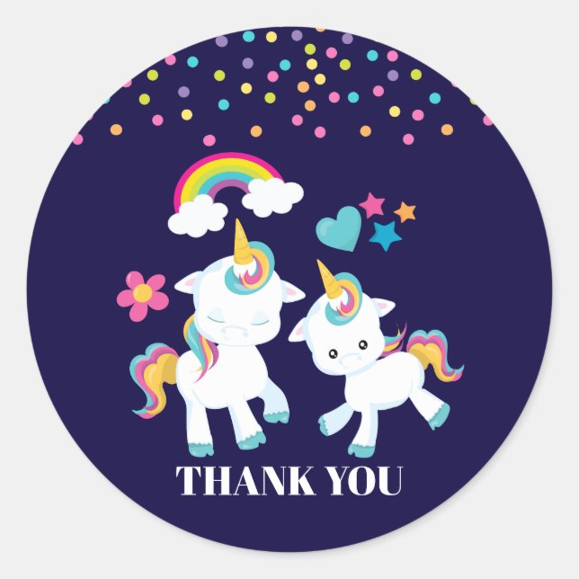 Cute Dancing Unicorns Magical Rainbow Thank You Classic Round Sticker (Front)