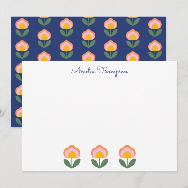 Cute Danish Folk Flower Blue Personalised Name Card (Front/Back)