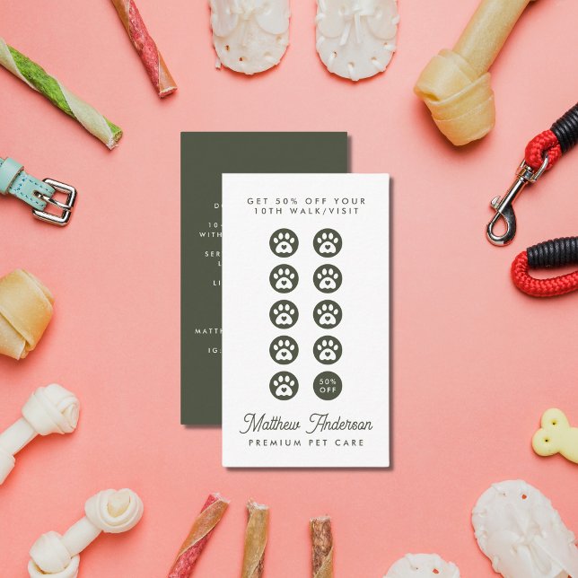 Cute Dark Green Heart Paw Pet Sitter Dog Walker Loyalty Card (Creator Uploaded)