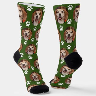 Cute Dark Green Pet Photo & Paw Prints Cat Dog Socks