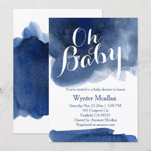 Cute dark navy blue watercol babyshower invitation