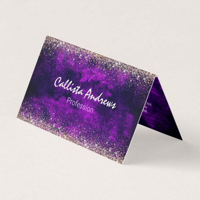 Cute dark purple gold faux glitter business card (Front)