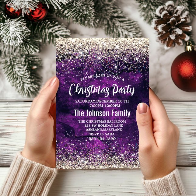 Cute dark purple gold faux glitter Christmas  Invitation (Creator Uploaded)