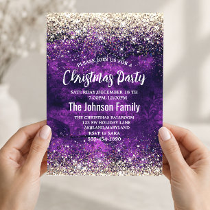Cute dark purple gold faux glitter Christmas Invitation