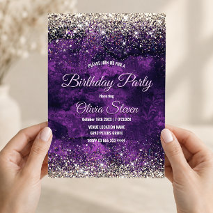 Cute dark purple gold faux glitter monogram invitation