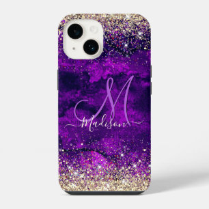 Cute dark purple gold faux glitter monogram iPhone 14 case