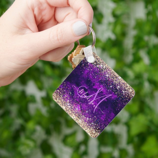 Cute dark purple gold faux glitter monogram key ring (Hand)
