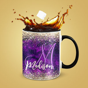 Cute dark purple gold faux glitter monogram mug