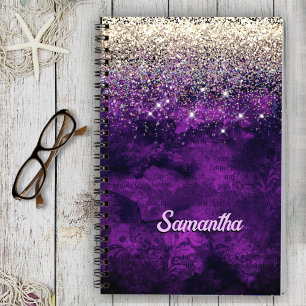 Cute dark purple gold faux glitter monogram notebook
