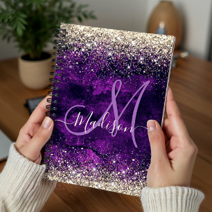 Cute dark purple gold faux glitter monogram notebook
