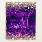 Cute dark purple gold faux glitter monogram