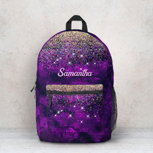Cute dark purple gold faux glitter monogram printed backpack