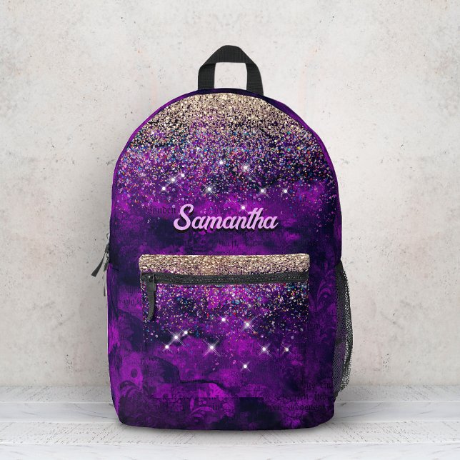 Cute dark purple gold faux glitter monogram printed backpack (Creator Uploaded)