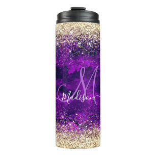 Cute dark purple gold faux glitter monogram thermal tumbler