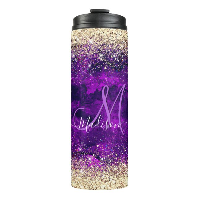 Cute dark purple gold faux glitter monogram thermal tumbler (Front)