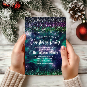 Cute dark purple green faux glitter Christmas  Invitation