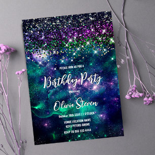 Cute dark purple green faux glitter invitation