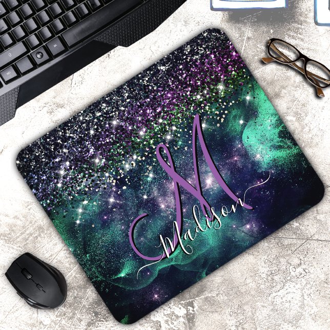 Cute dark purple green faux glitter monogram mouse mat (Creator Uploaded)