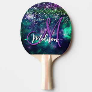 Cute dark purple green faux glitter monogram ping pong paddle