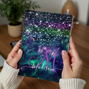 Cute dark purple green faux glitter monogram planner