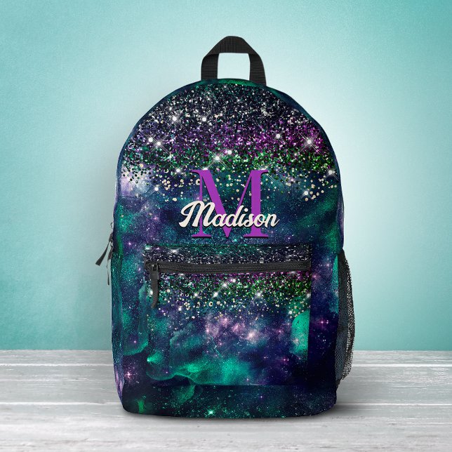 Cute dark purple green faux glitter monogram printed backpack (Creator Uploaded)