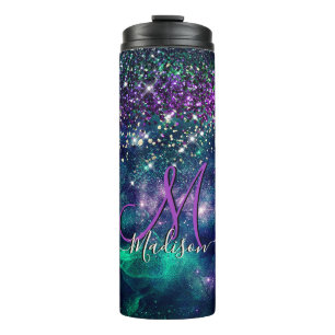 Cute dark purple green faux glitter monogram thermal tumbler