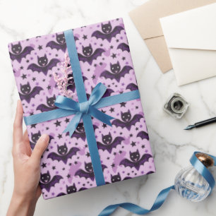 Cute Dark Purple Halloween Bats Wrapping Paper