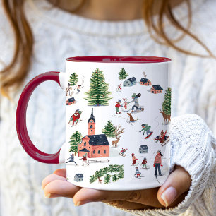 Cute dark red Alpine ski lodge winter Christmas Mug
