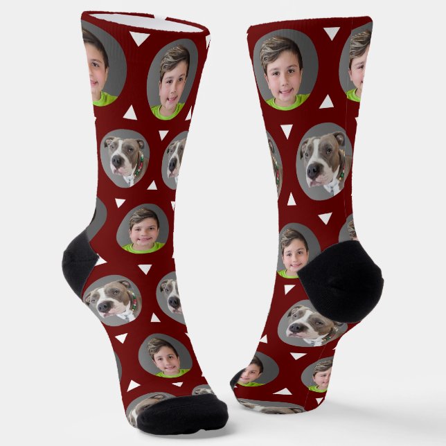 Cute Dark Red Pet Photo Child Photo 2 Photo Socks (Angled)