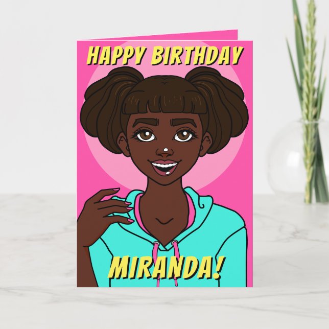 Cute Dark Skin Cartoon Teen Girl Birthday Card (Front)