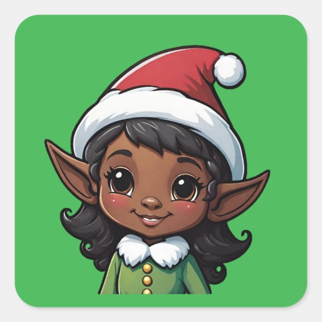 Cute Dark Skin Christmas Elf Female Square Sticker (Front)