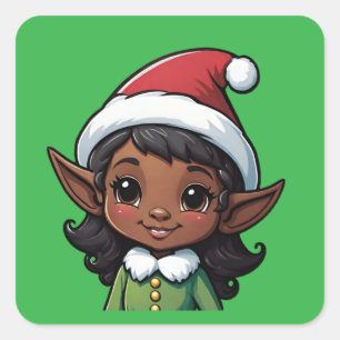 Cute Dark Skin Christmas Elf Female Square Sticker