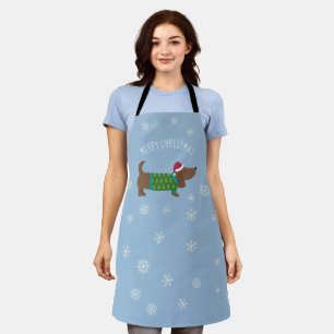 Cute Daschund and Snowflakes Blue Illustrated  Apron
