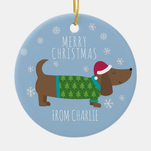 Cute Daschund Photo Round Christmas Ceramic Tree Decoration (Front)