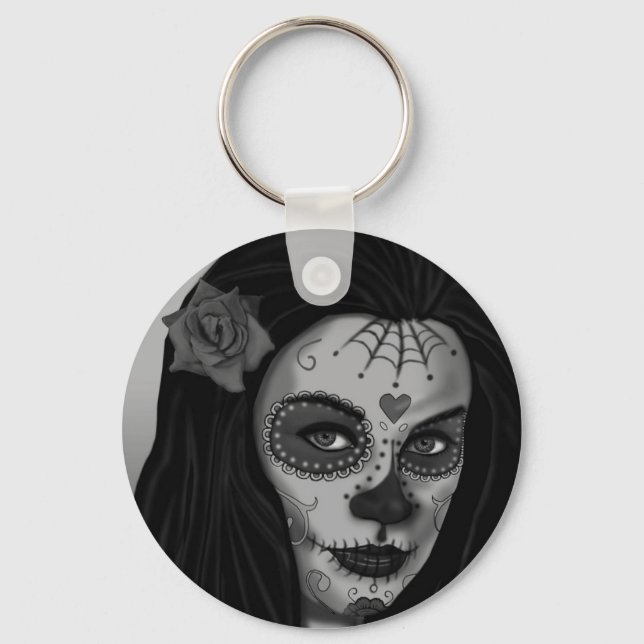 Cute Day of the Dead Gothic Girl Keychain (Front)