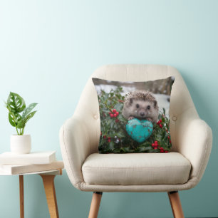Cute December Hedgehog with Turquoise Heart Cushion