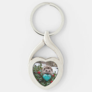Cute December Hedgehog with Turquoise Heart Key Ring